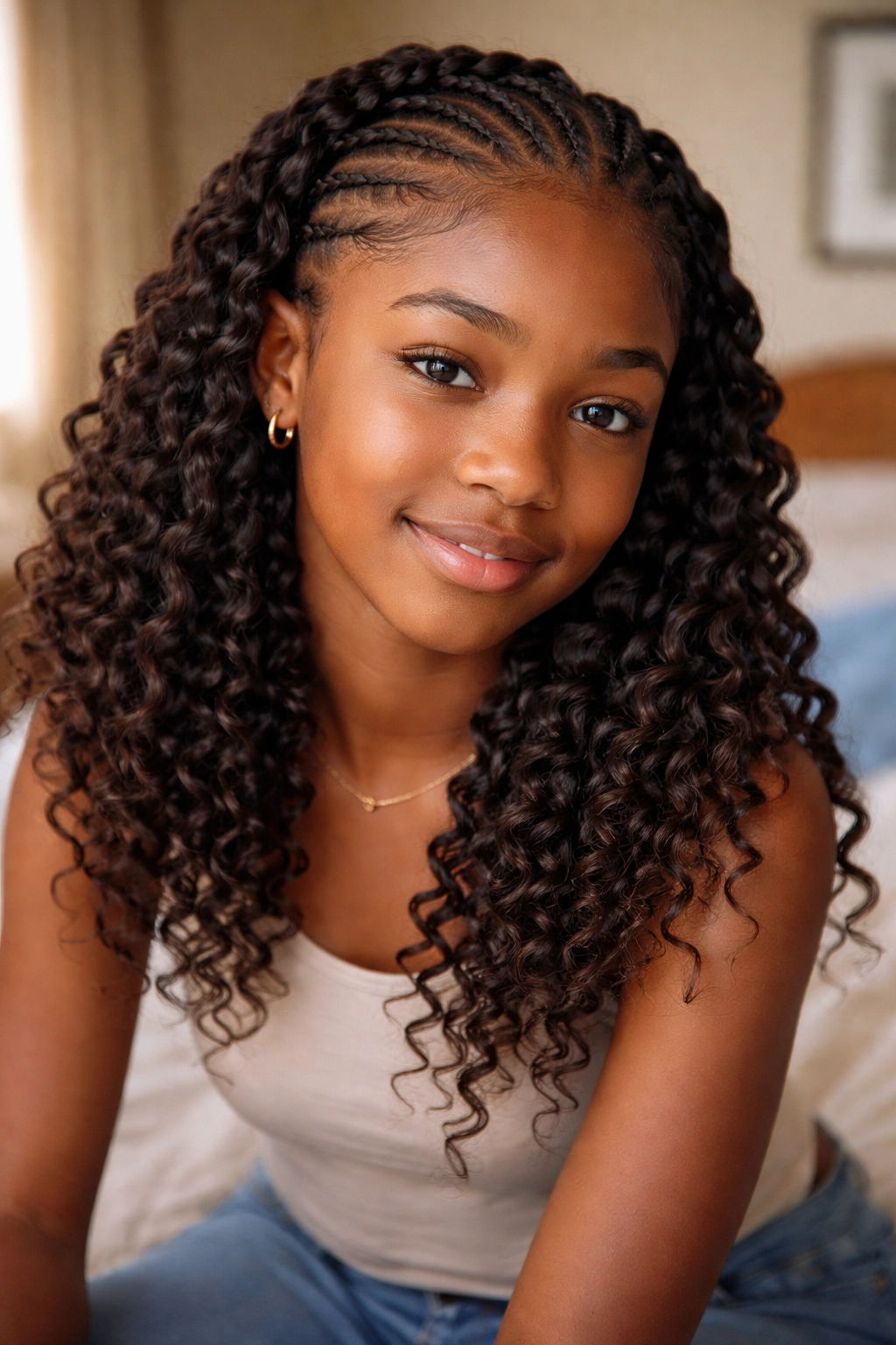 Teen girl with twist-out waves after cornrow setting