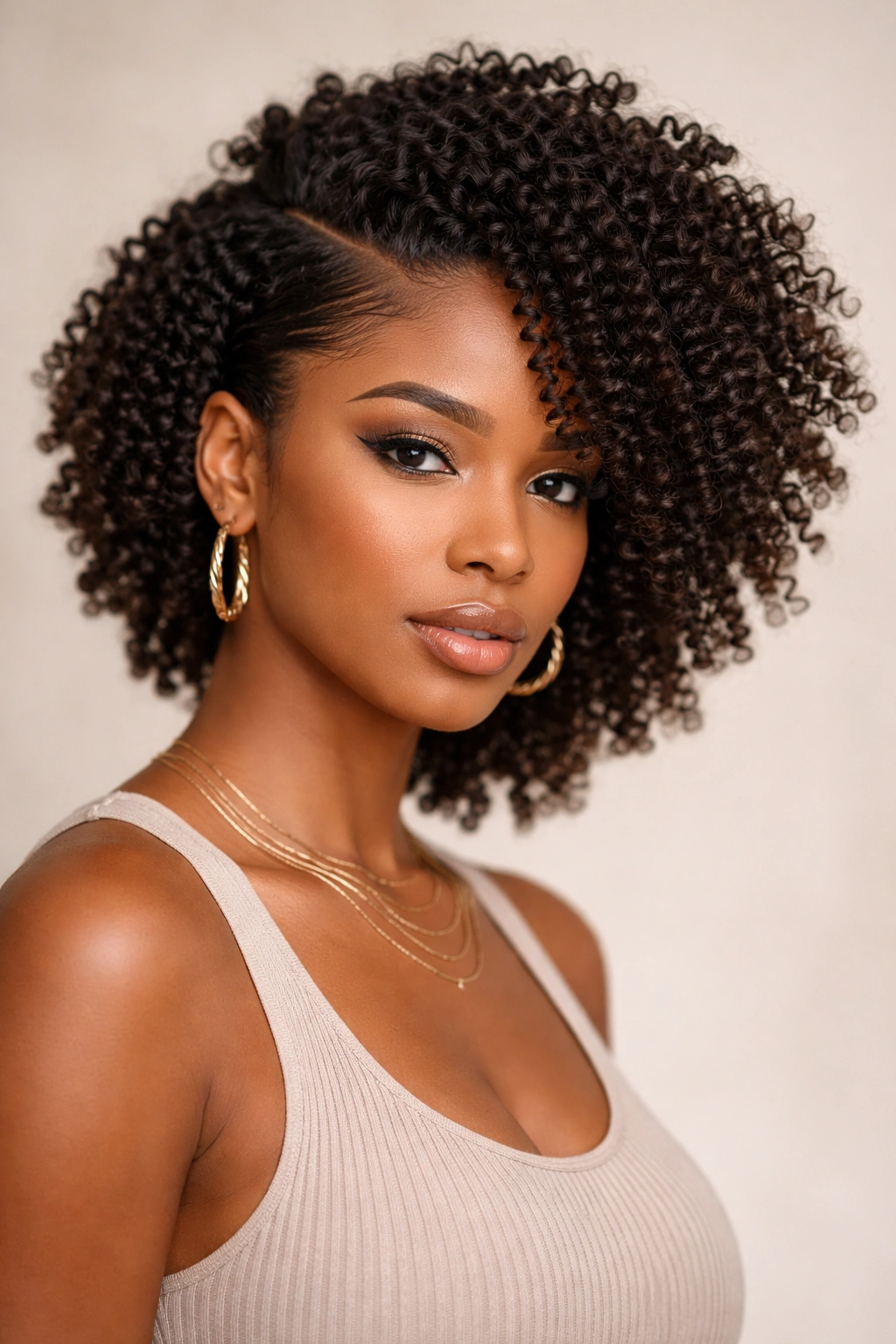 Twist-out crown with deep side part showing height on crown and defined curls