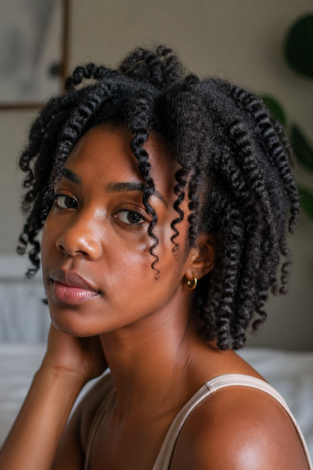 Close-up of a real person with an undone twist-out and loose sections.