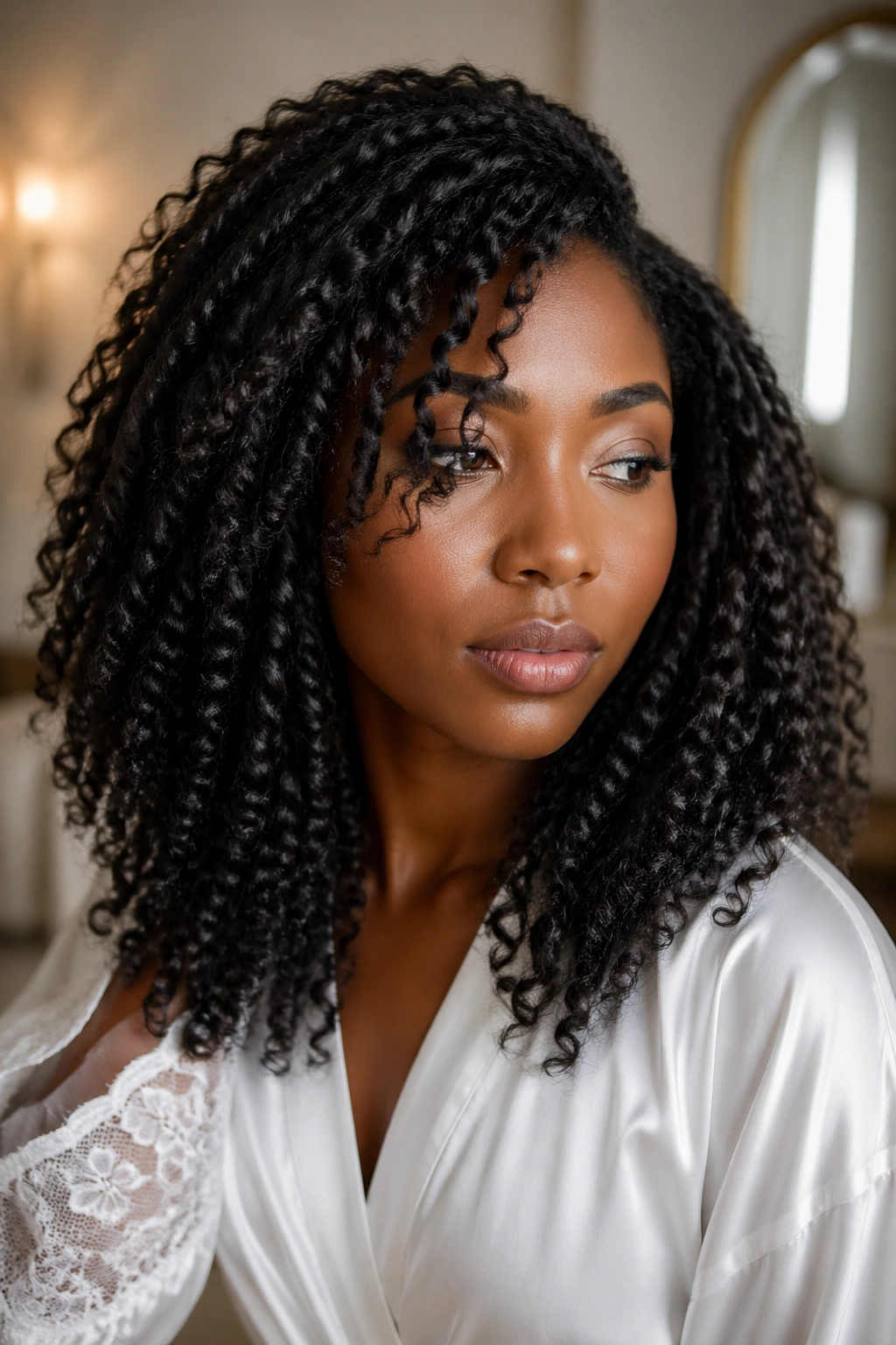 Close-up of a real woman with a twist-out hairstyle falling over her shoulders.