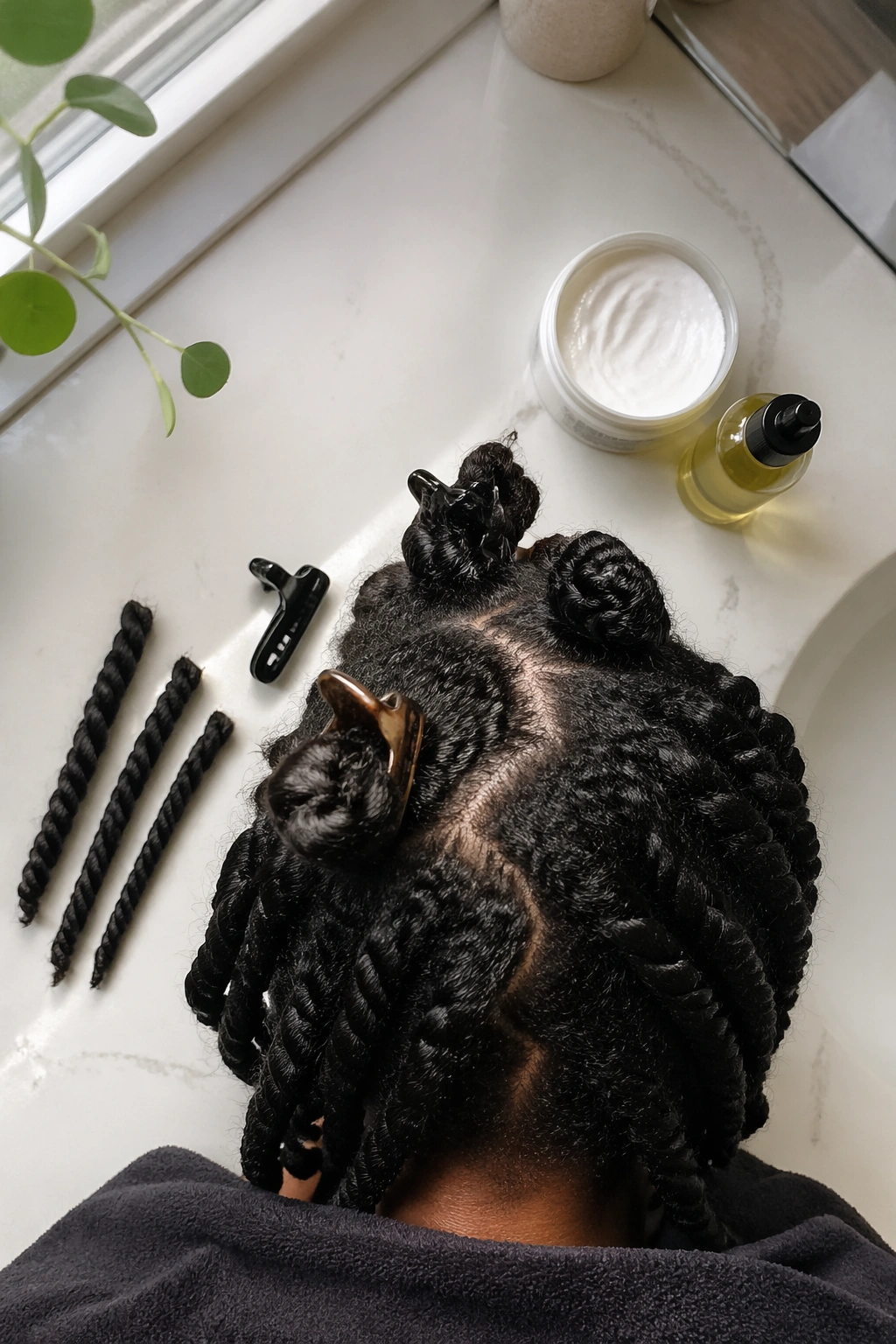 Overhead flat-lay of twist-out styling setup