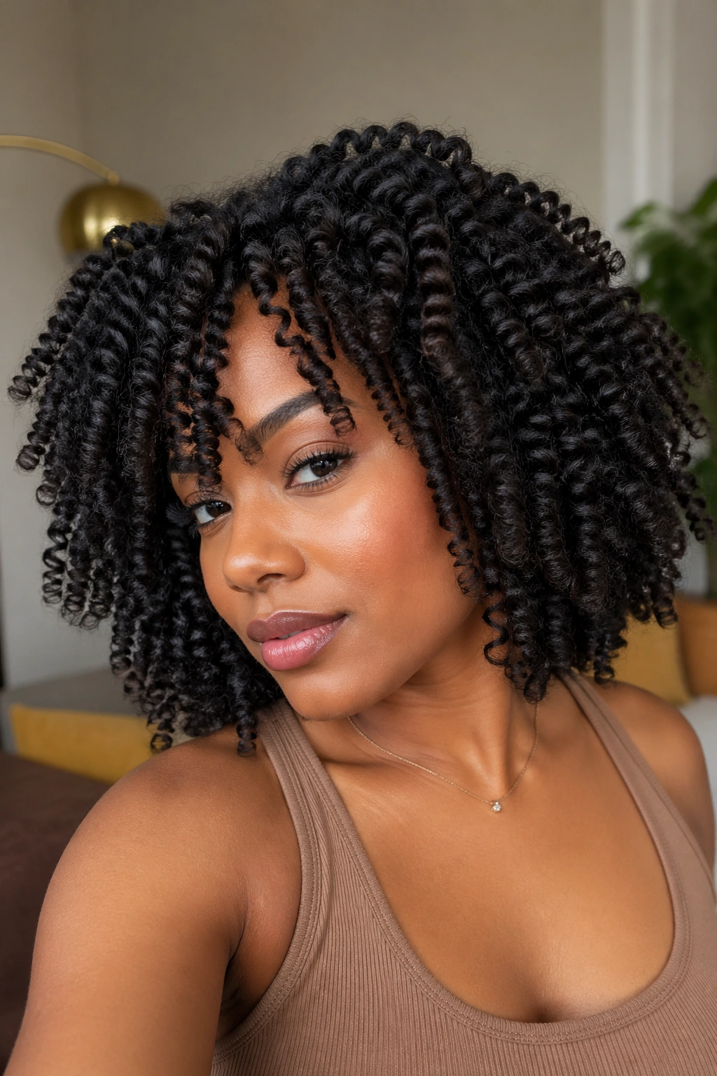 Close-up of a real Black woman with twist-out curls