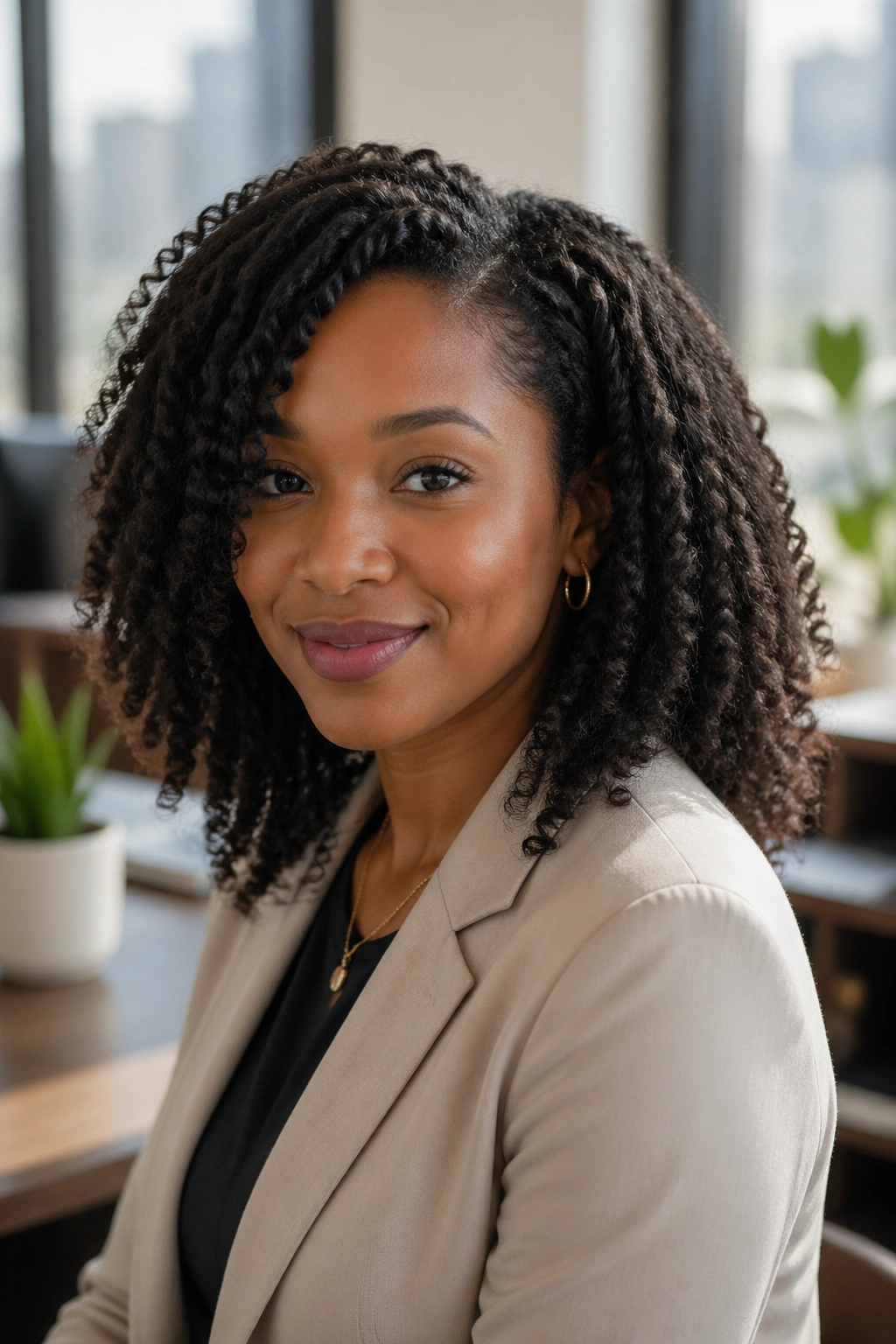 Close-up of a real woman with twist-out curls worn down in an office setting