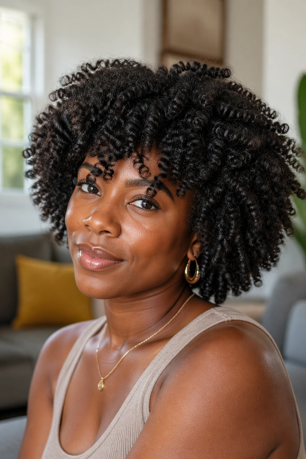Close-up portrait of woman with twist-out hairstyle and rounded volume