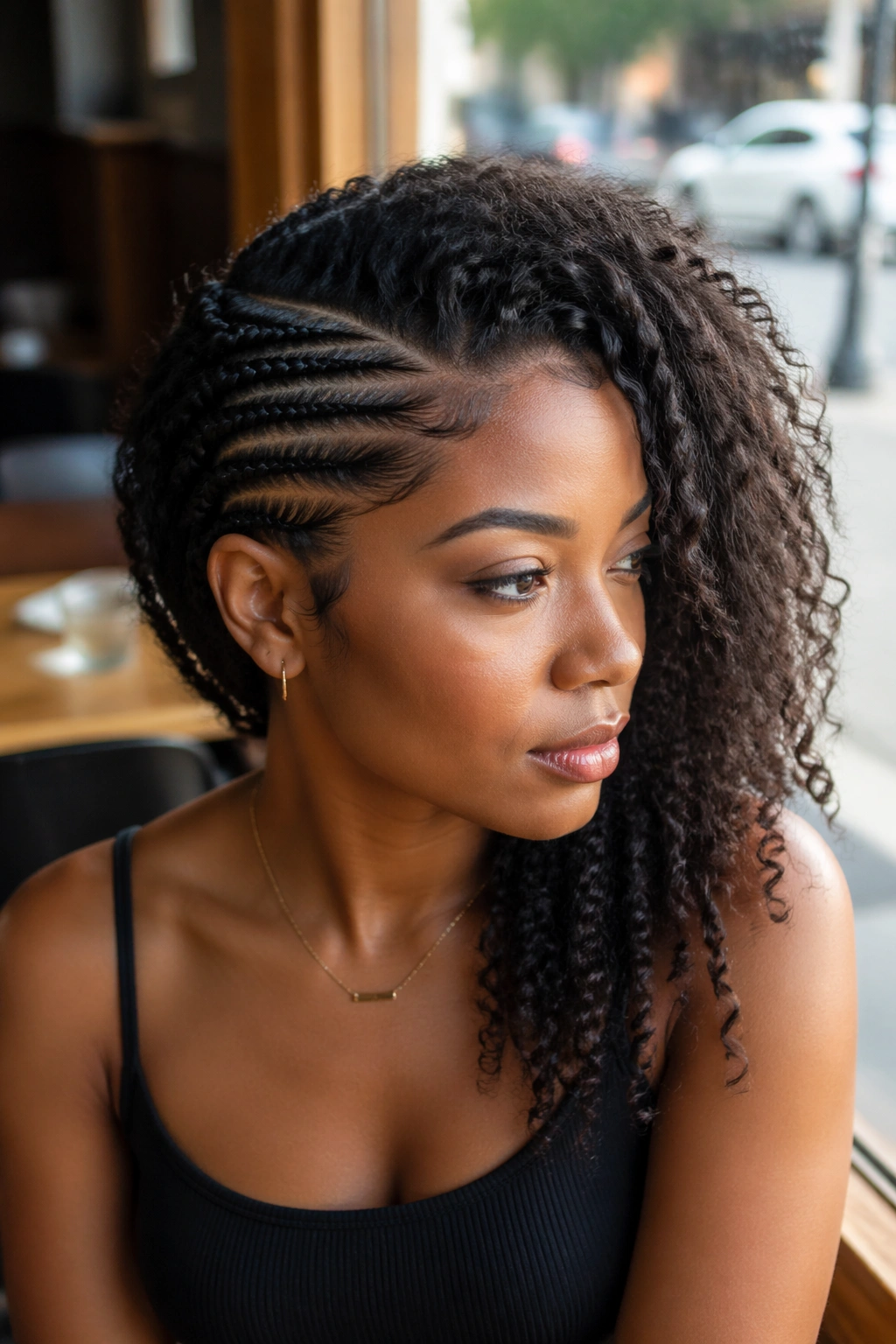 Portrait of a woman with twist-out curls on the unbraided side and cornrows on the other side in a cafe setting.
