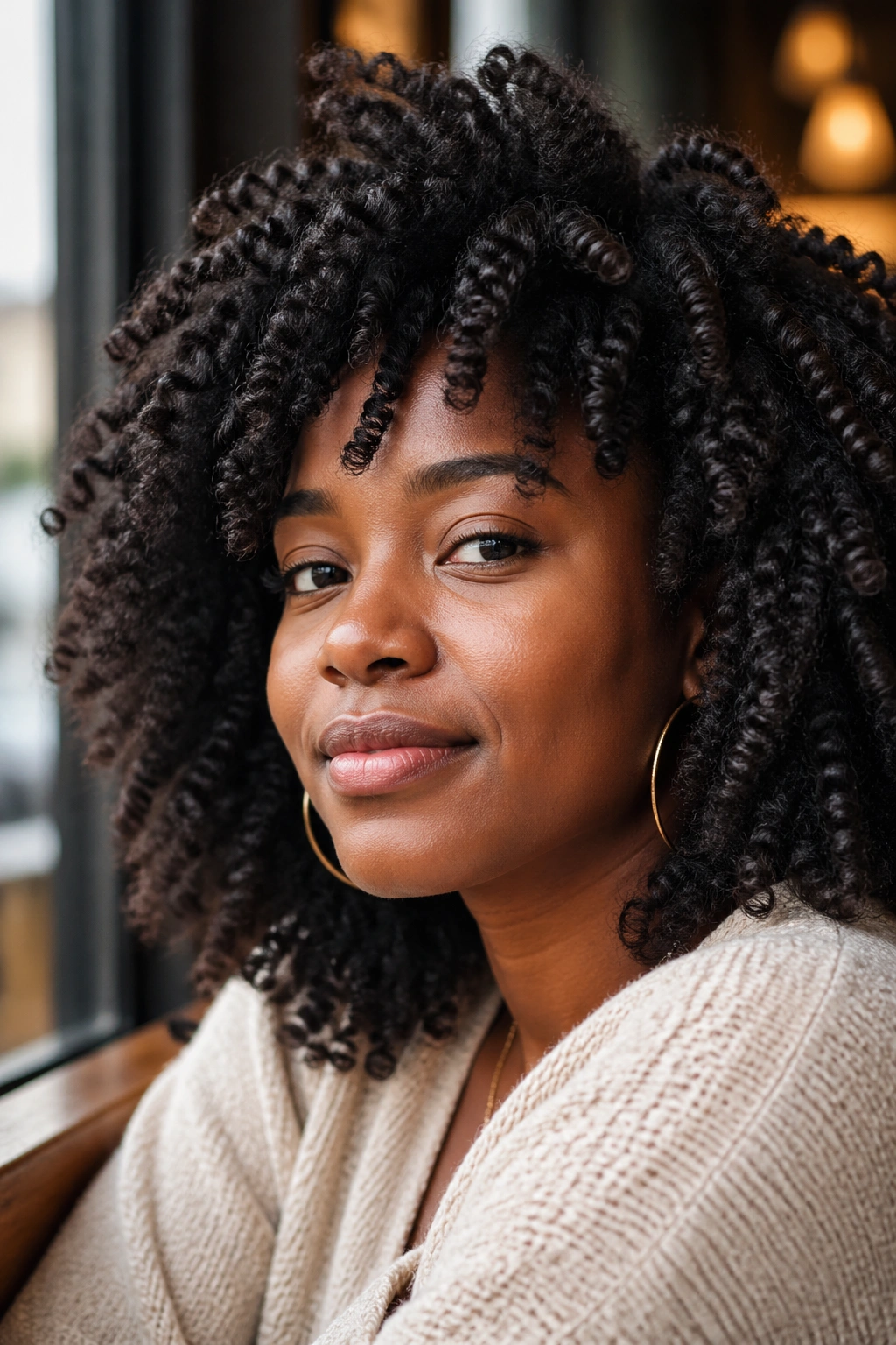 Close-up portrait of a real woman with twist-out curls