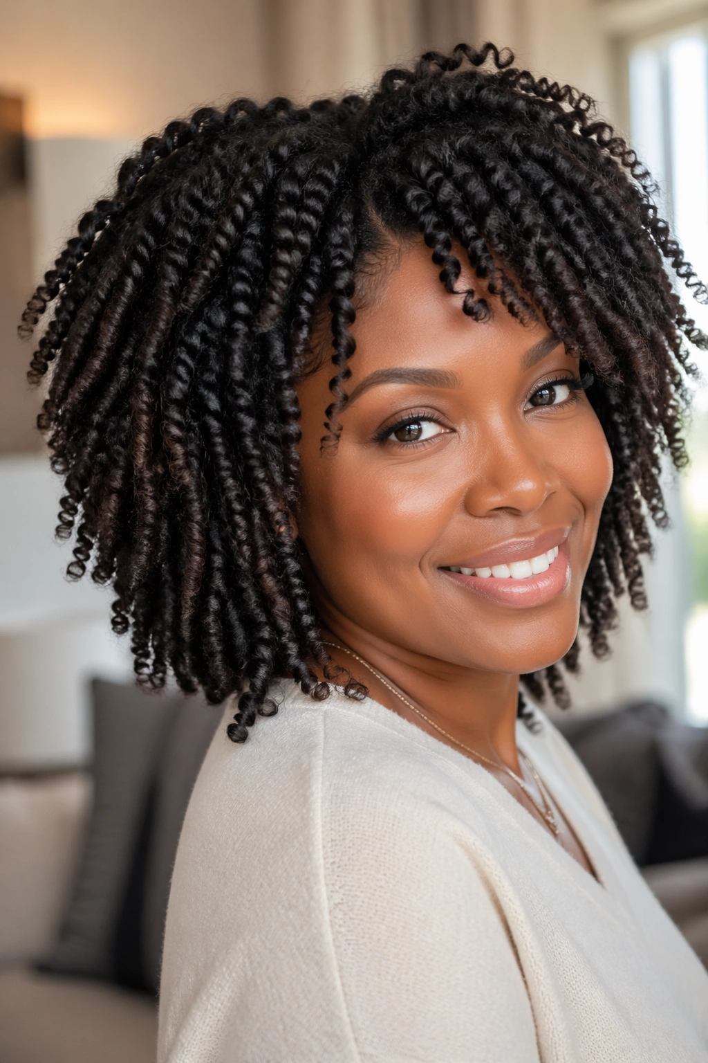 Close-up portrait of a real woman with twist-out curls in bright indoor light