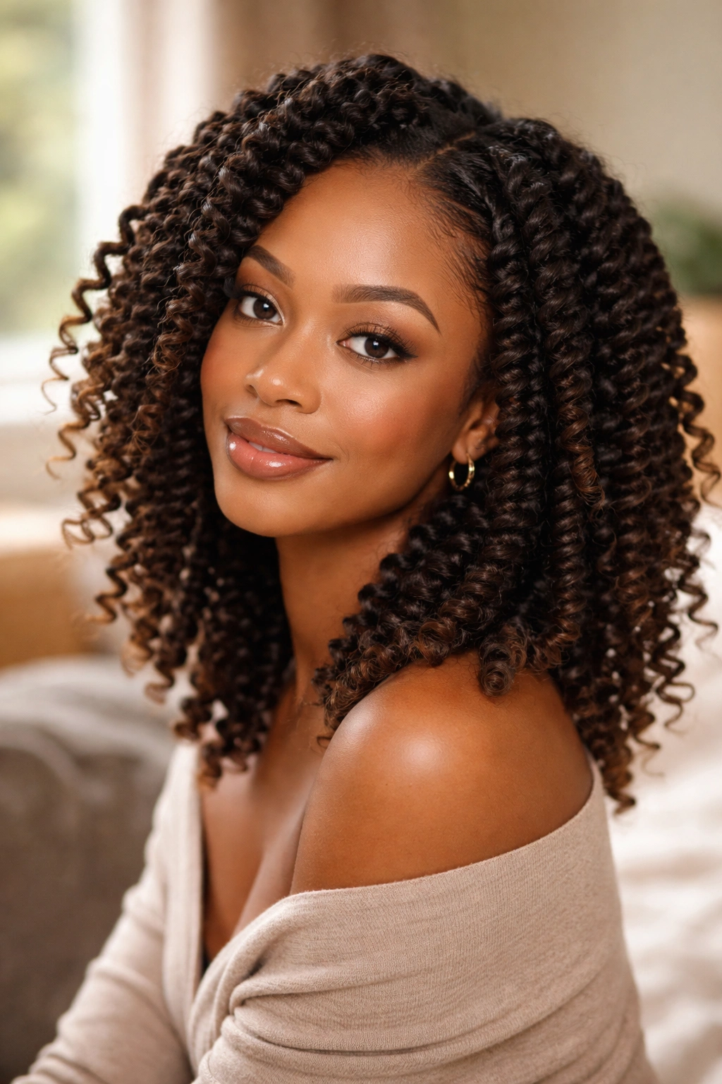 Close-up portrait of a real woman with a twist-out showing springy ends