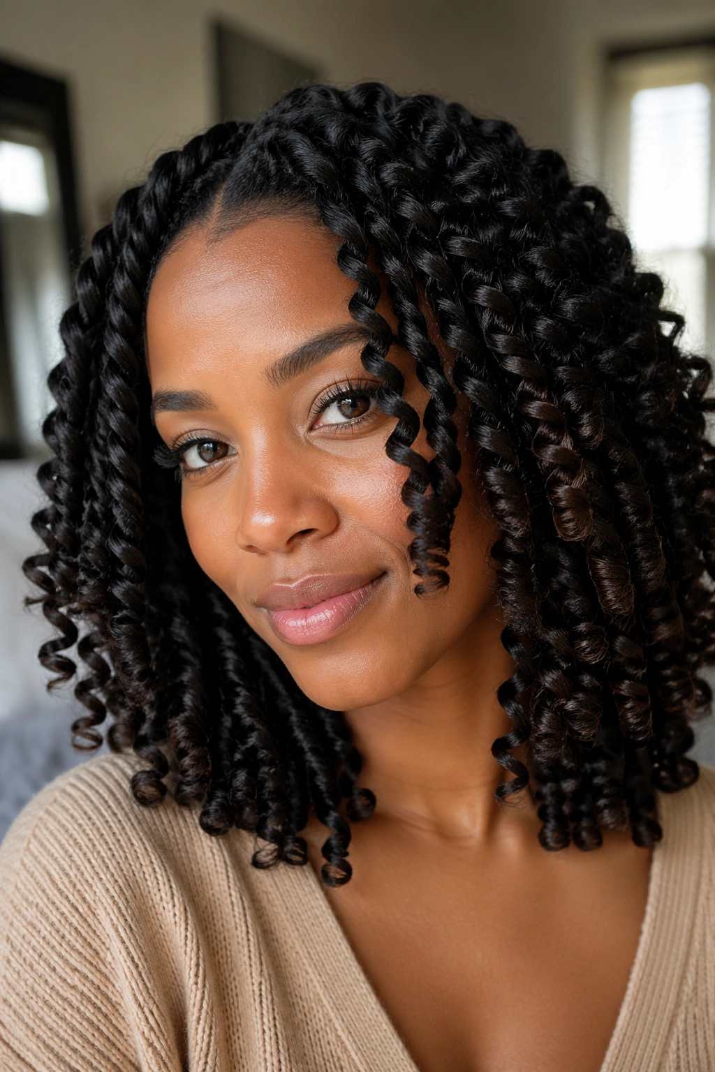 Close-up of a real person with twist-out curls and curled ends