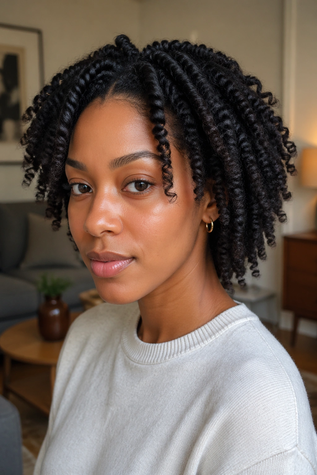 Close-up portrait of a real woman with a two-strand twist-out hairstyle.