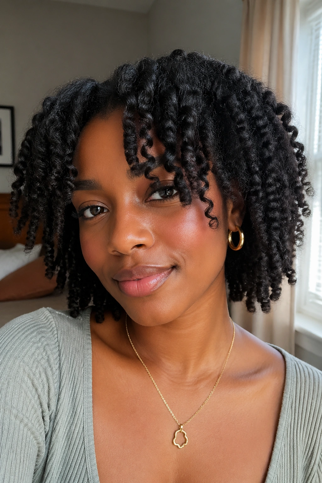 Close-up of twist-out curtain bangs sweeping to the sides