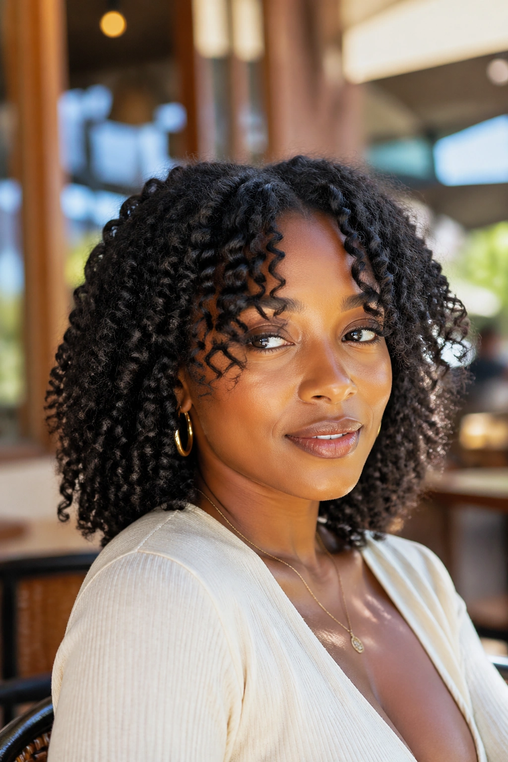 Portrait of a real person with twist-out curls and curtain bangs in outdoor setting.