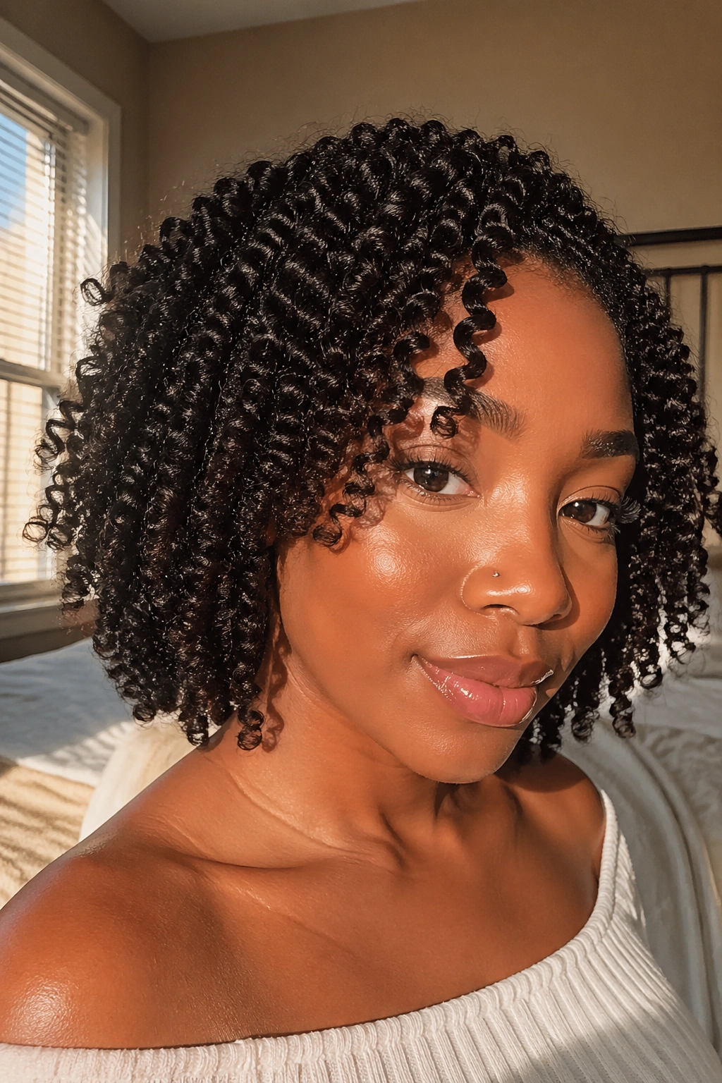 Close-up of a real woman with a defined twist-out hairstyle in warm bedroom light.