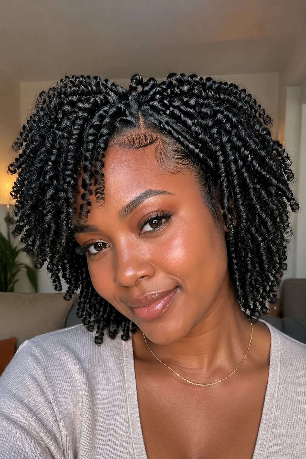 Close-up of a real person with a twist-out and defined root coils in a warm indoor setting