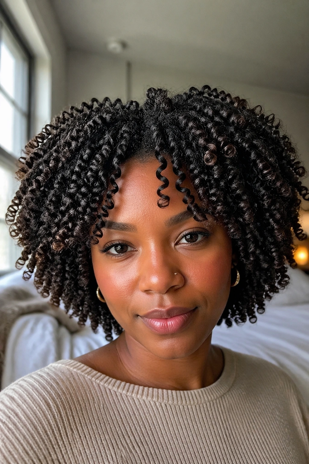 Close-up of a real woman with a defined twist-out and voluminous curls