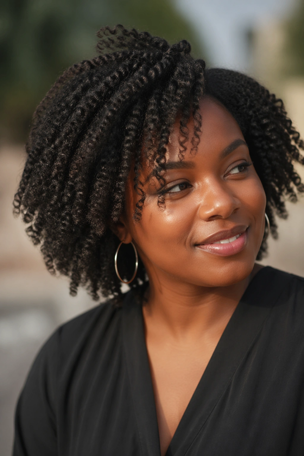 Close-up of a real woman with twist-out curls in natural light