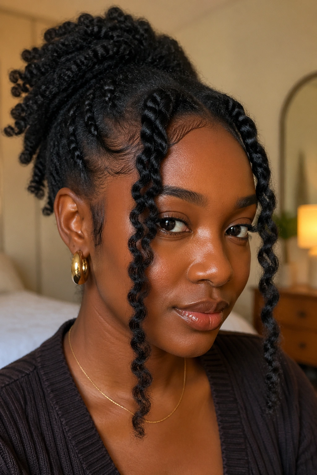 Face-framing twist-out pieces on a real person