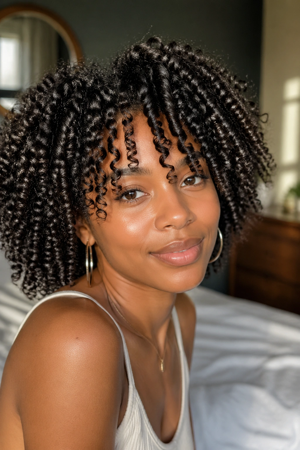 Close-up of a real woman with twist-out on fine natural hair