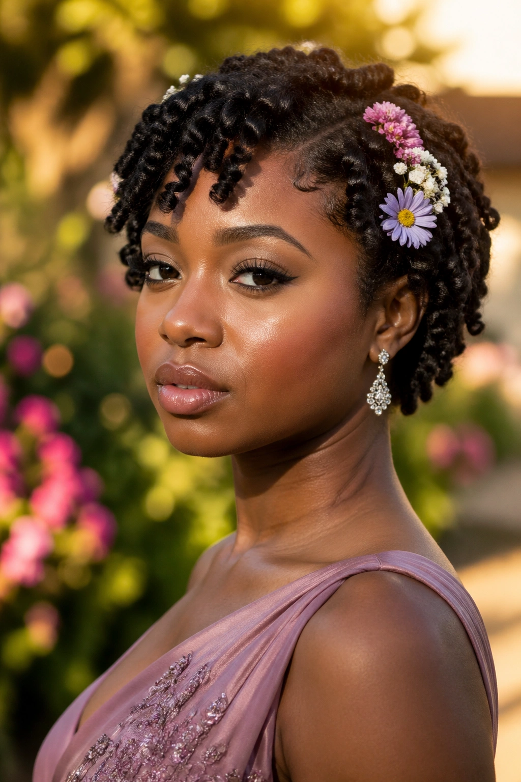 Close-up of a real woman with a short twist-out and small floral accents in curls.