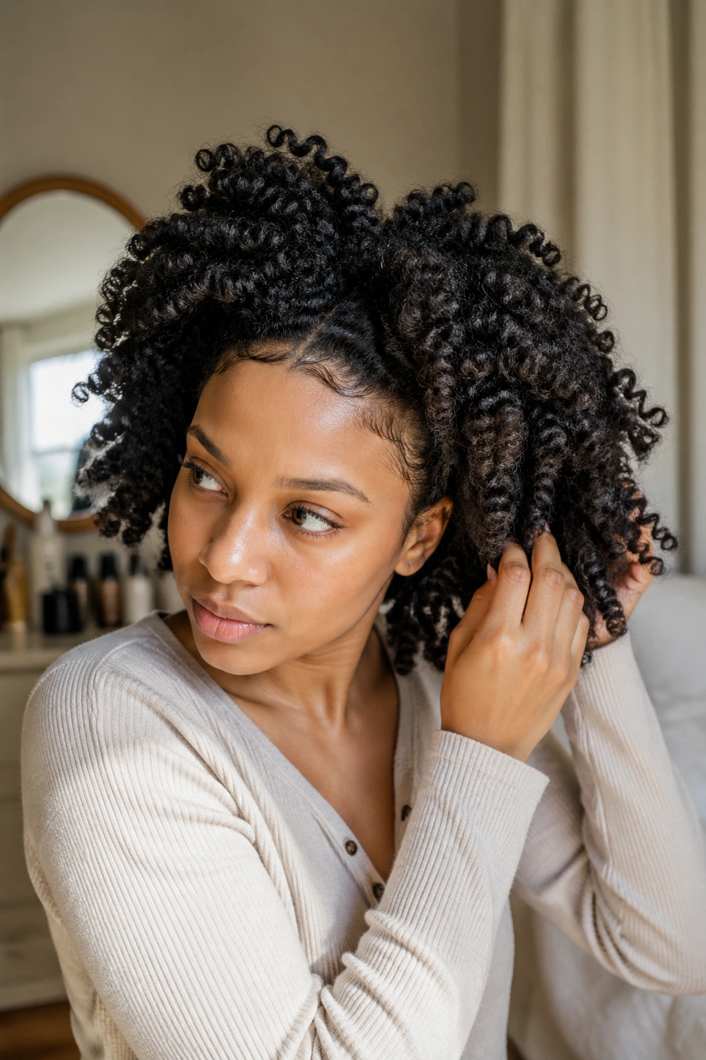 Close-up of a real woman with twist-out texture, unravelled and fluffy in morning light.