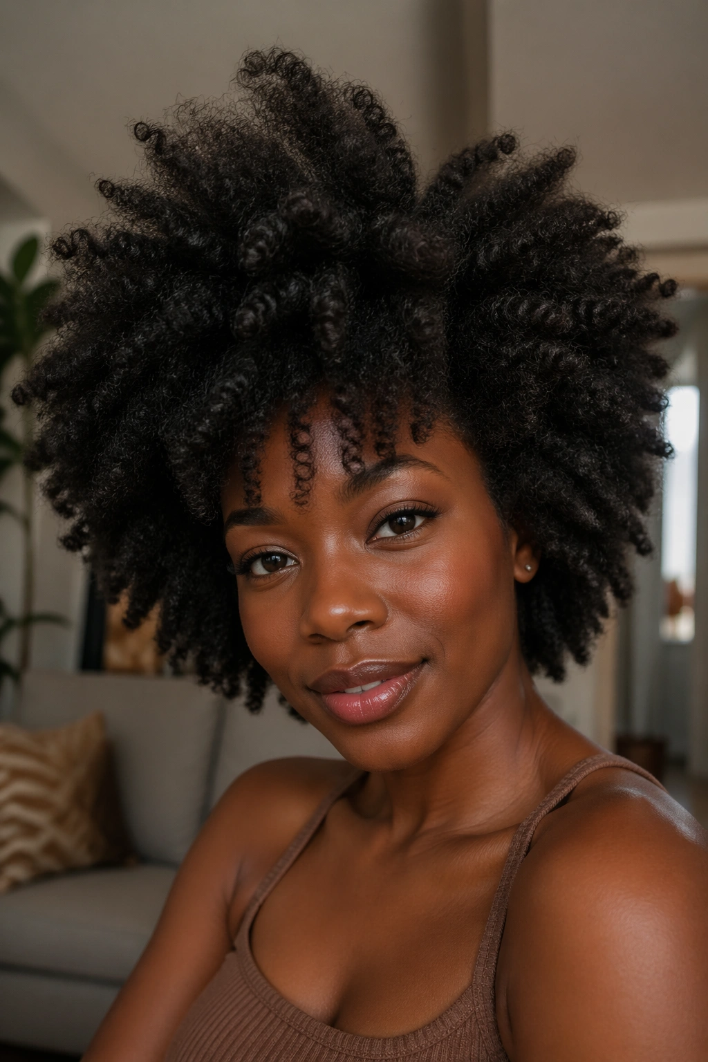 Close-up portrait of a real person with a voluminous twist-out fro