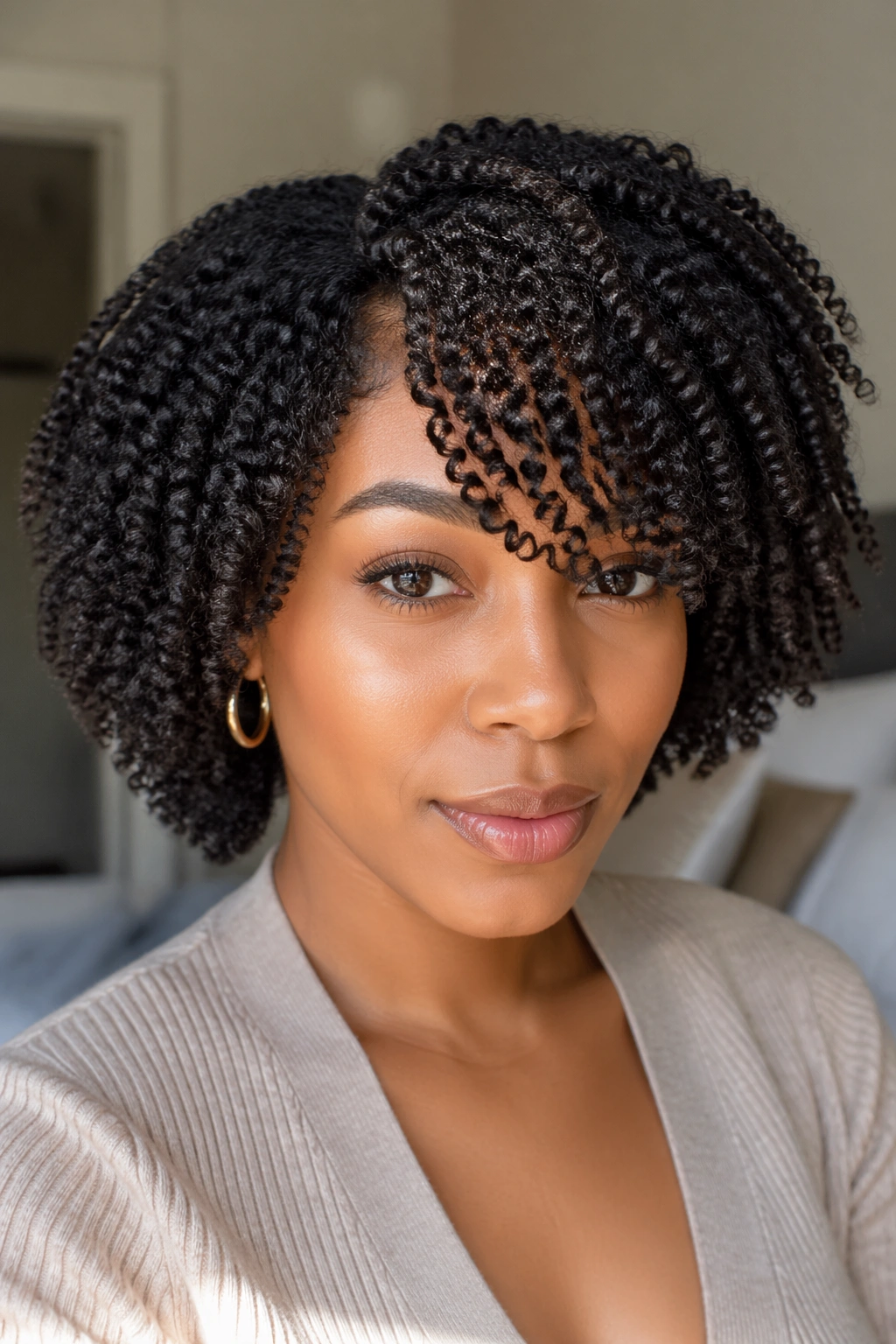 Real person with twist-out front pieces swept toward the face to frame the forehead