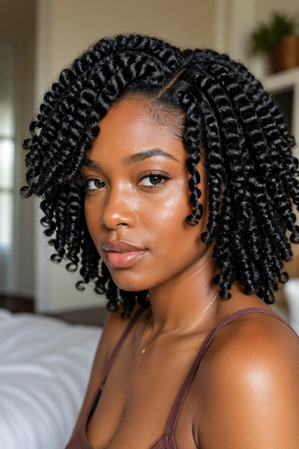 Close-up of a real woman with a glossy twist-out and moisturized curls