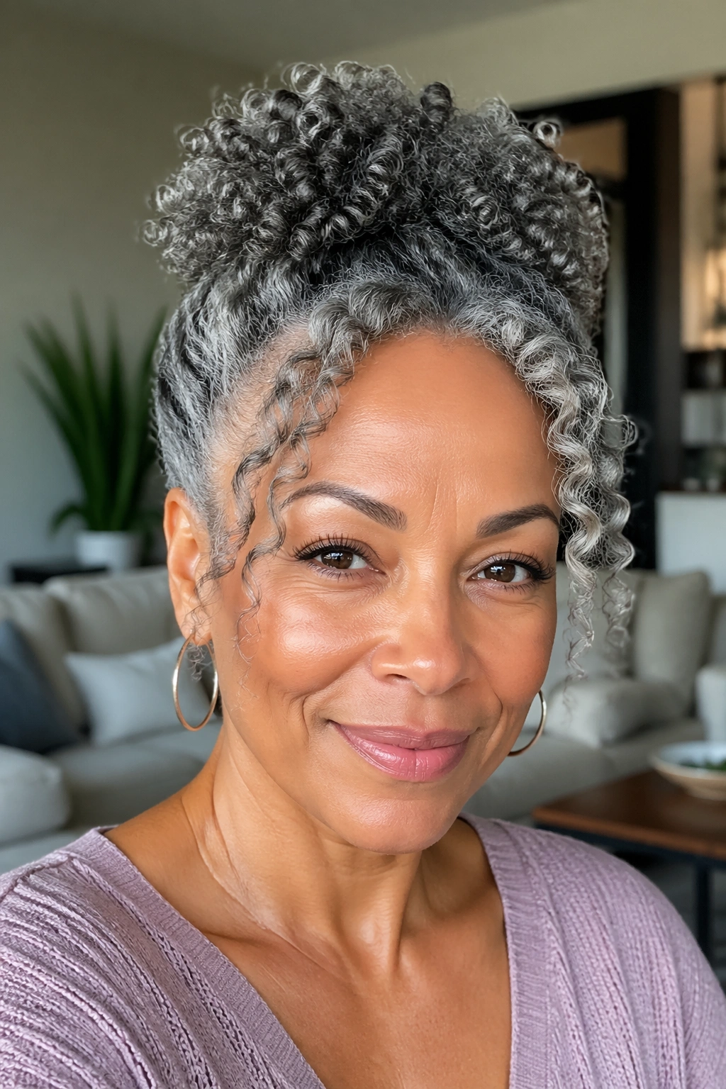 Close-up of a real woman with twist-out puff on grey curls
