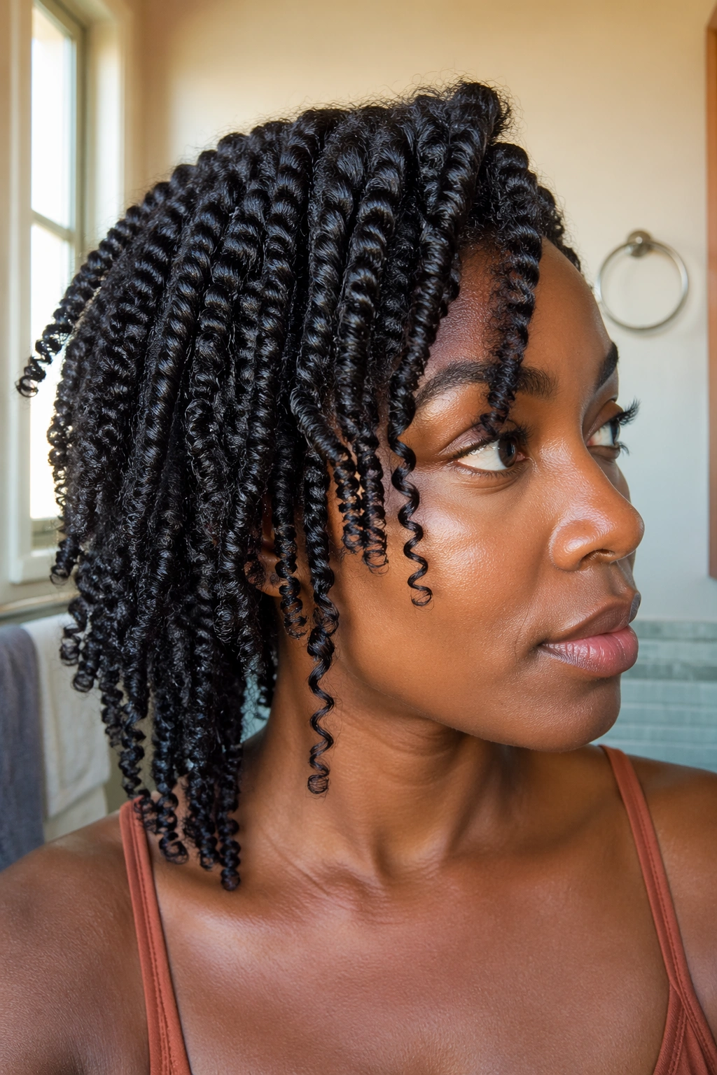 Close-up of a real person's twist-out showing elongated curls and light sheen
