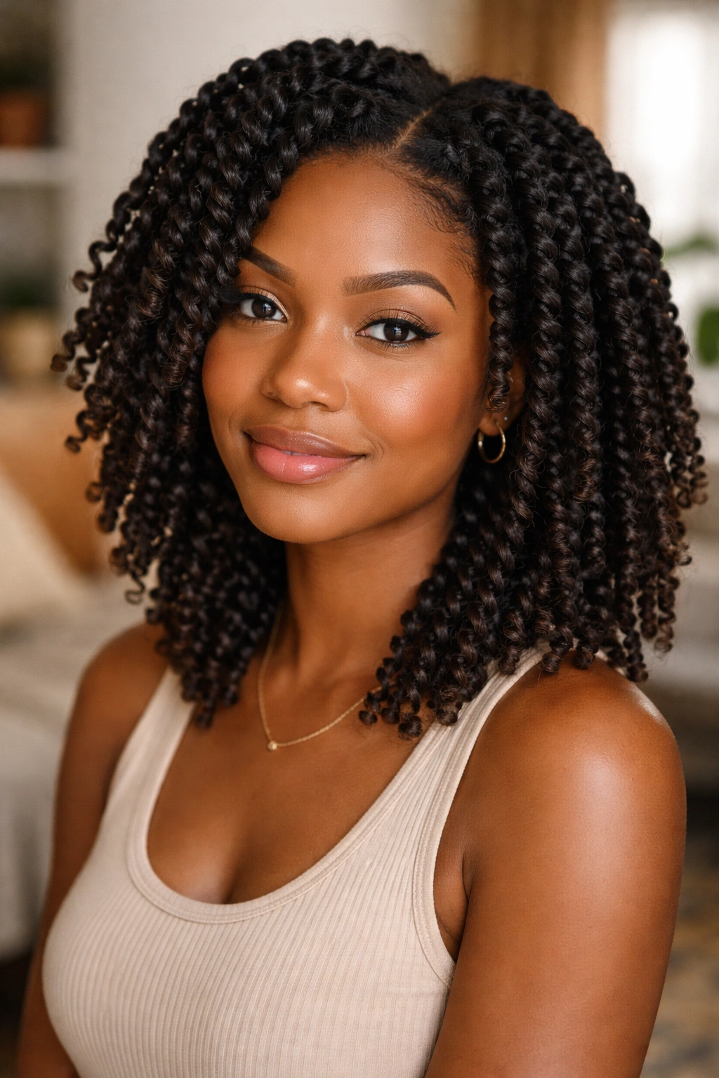 Close-up of a real person showing a two-strand twist-out hairstyle