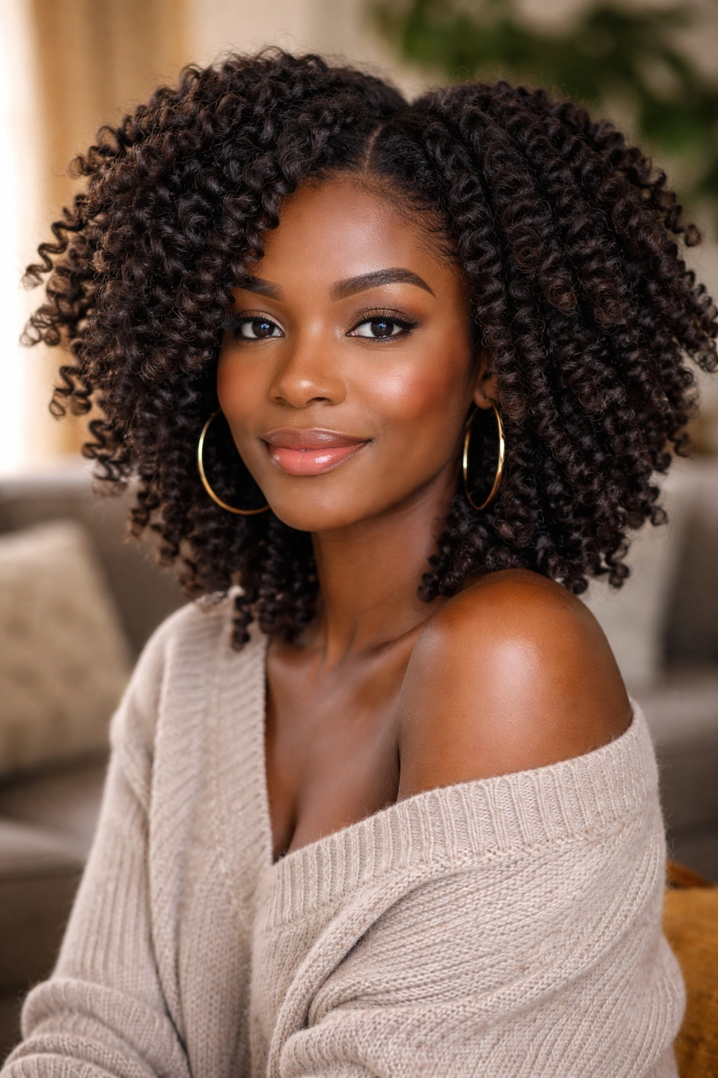 Close-up of a real woman with a defined twist-out in warm indoor light