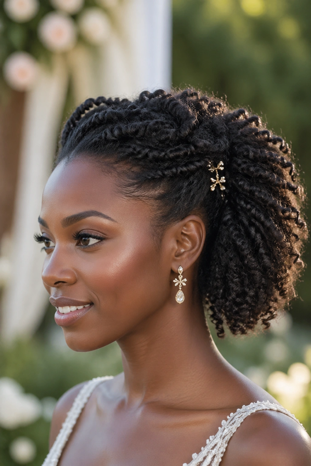 Portrait of a real person with twist-out hairstyle pinned back on the sides