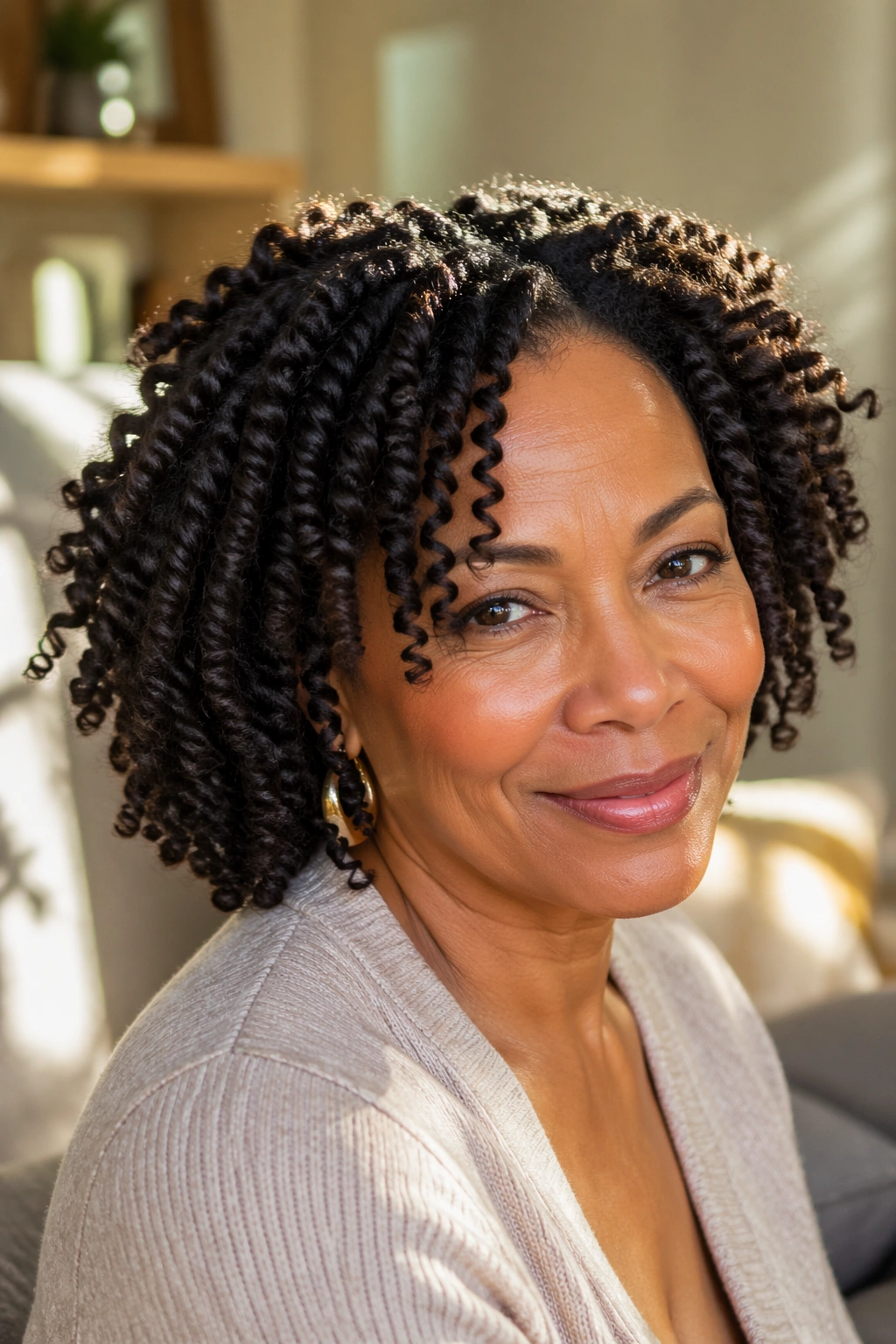 Close-up of a real woman with twist-out hairstyle and soft separation under warm window light