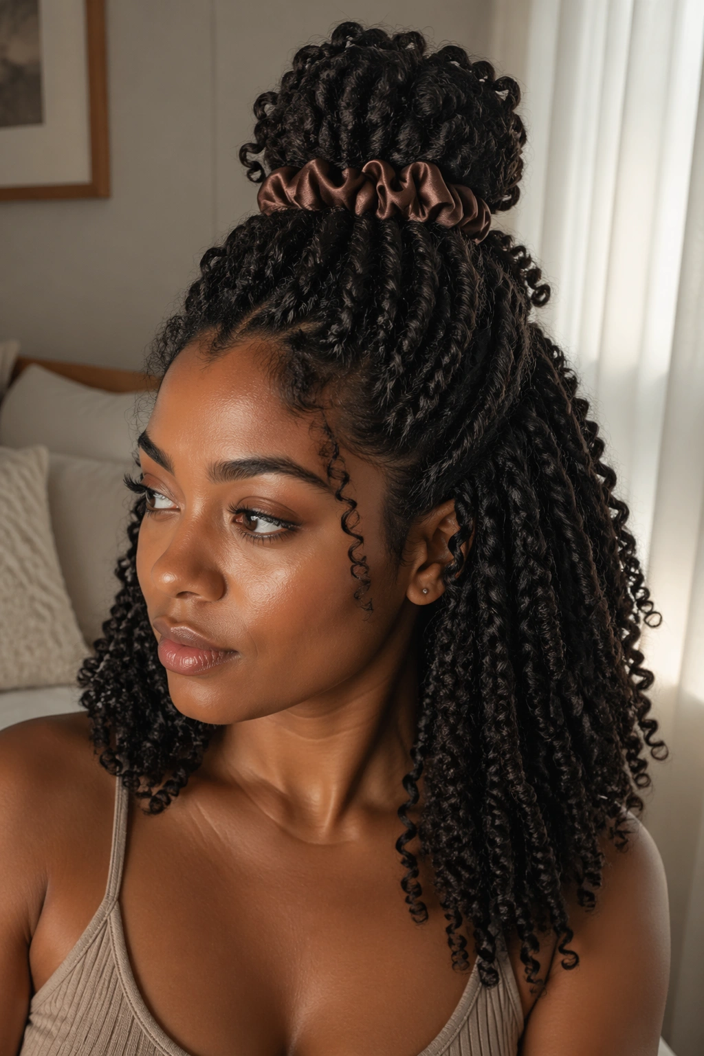 Close-up of a real person with half-up twist-out hairstyle