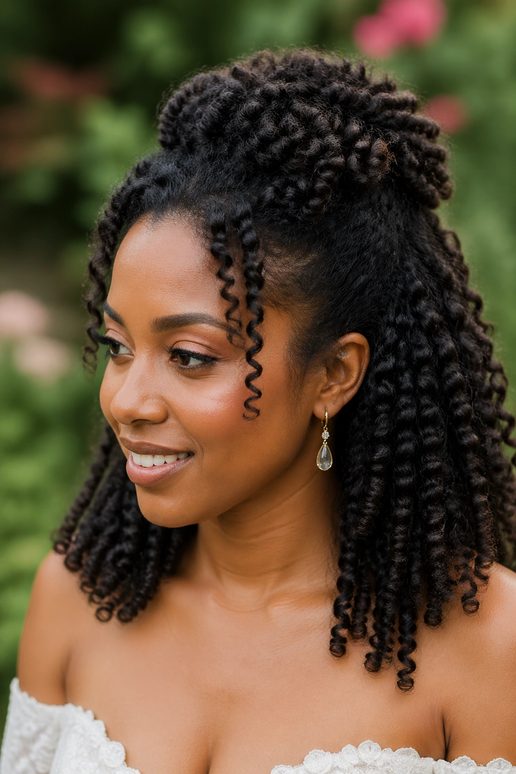 Close-up of a real woman with a loose twist-out half-up hairstyle.