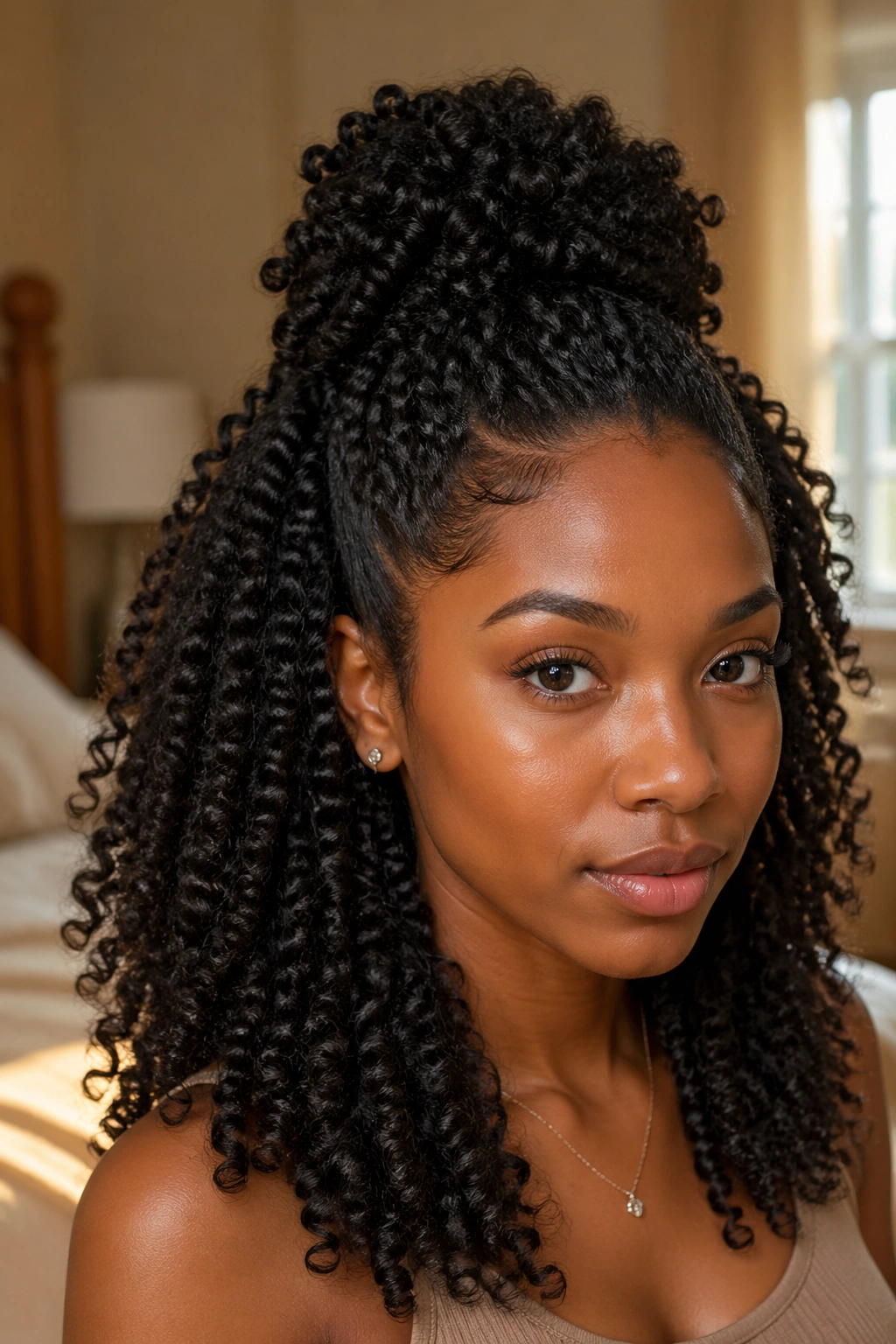 Close-up of a real woman with defined twist-out half-up hairstyle in warm bedroom light