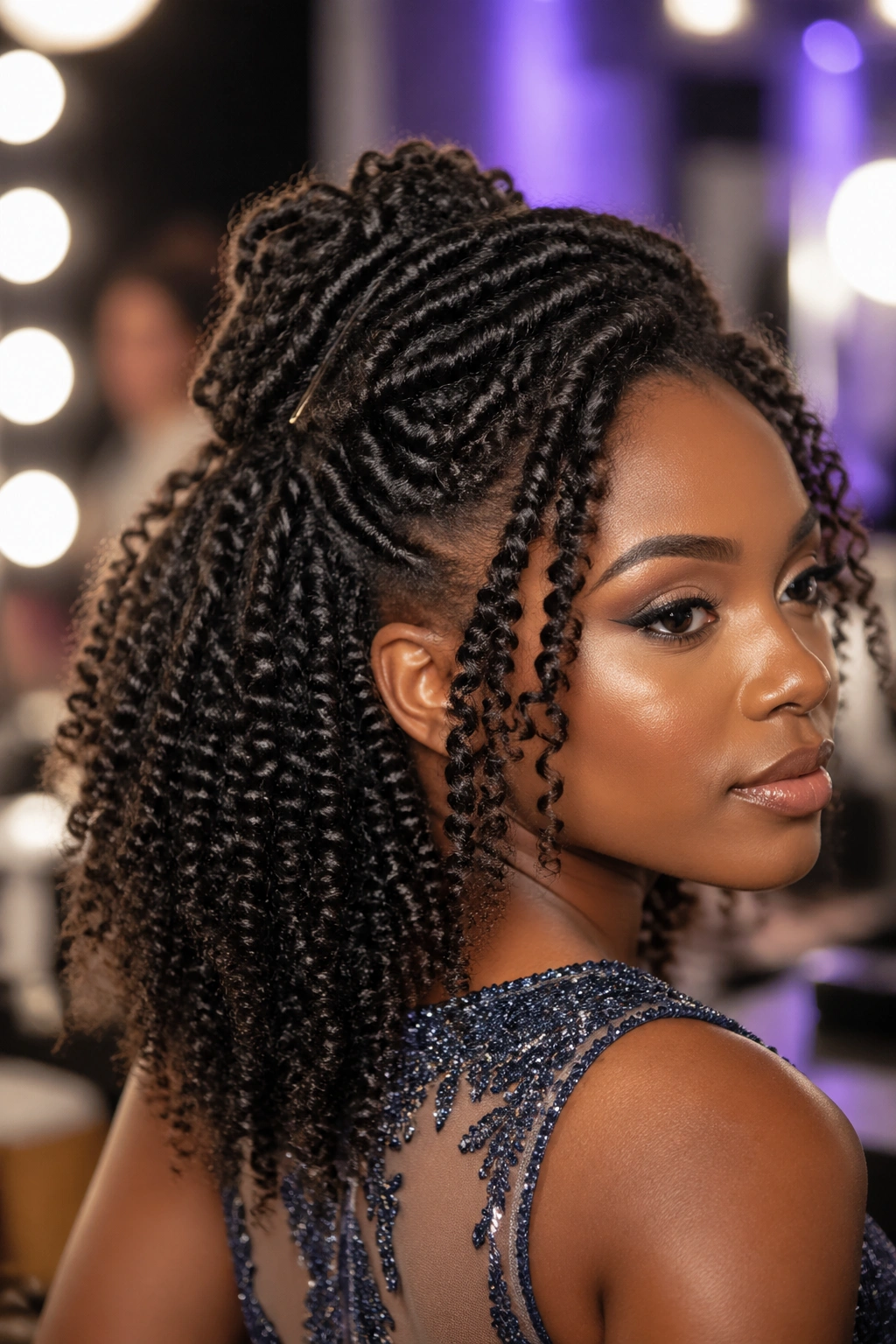 Close-up of a real Black woman with a twist-out half-up style.