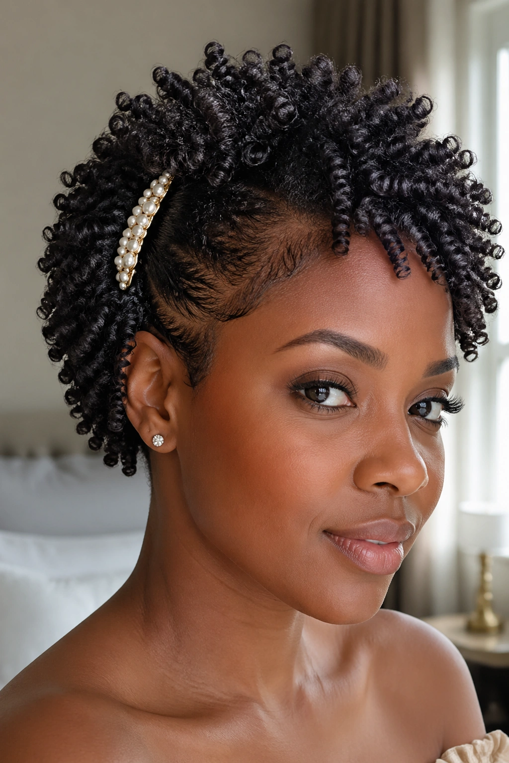 Close-up of a woman with twist-out on short natural hair and a wide headband