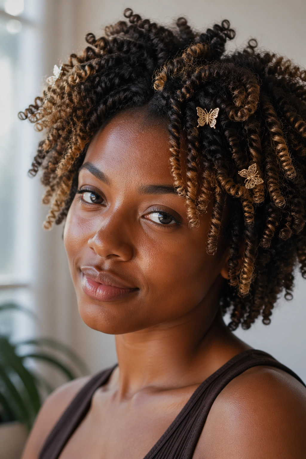 Portrait of a real person with twist-out and butterfly clips in curls