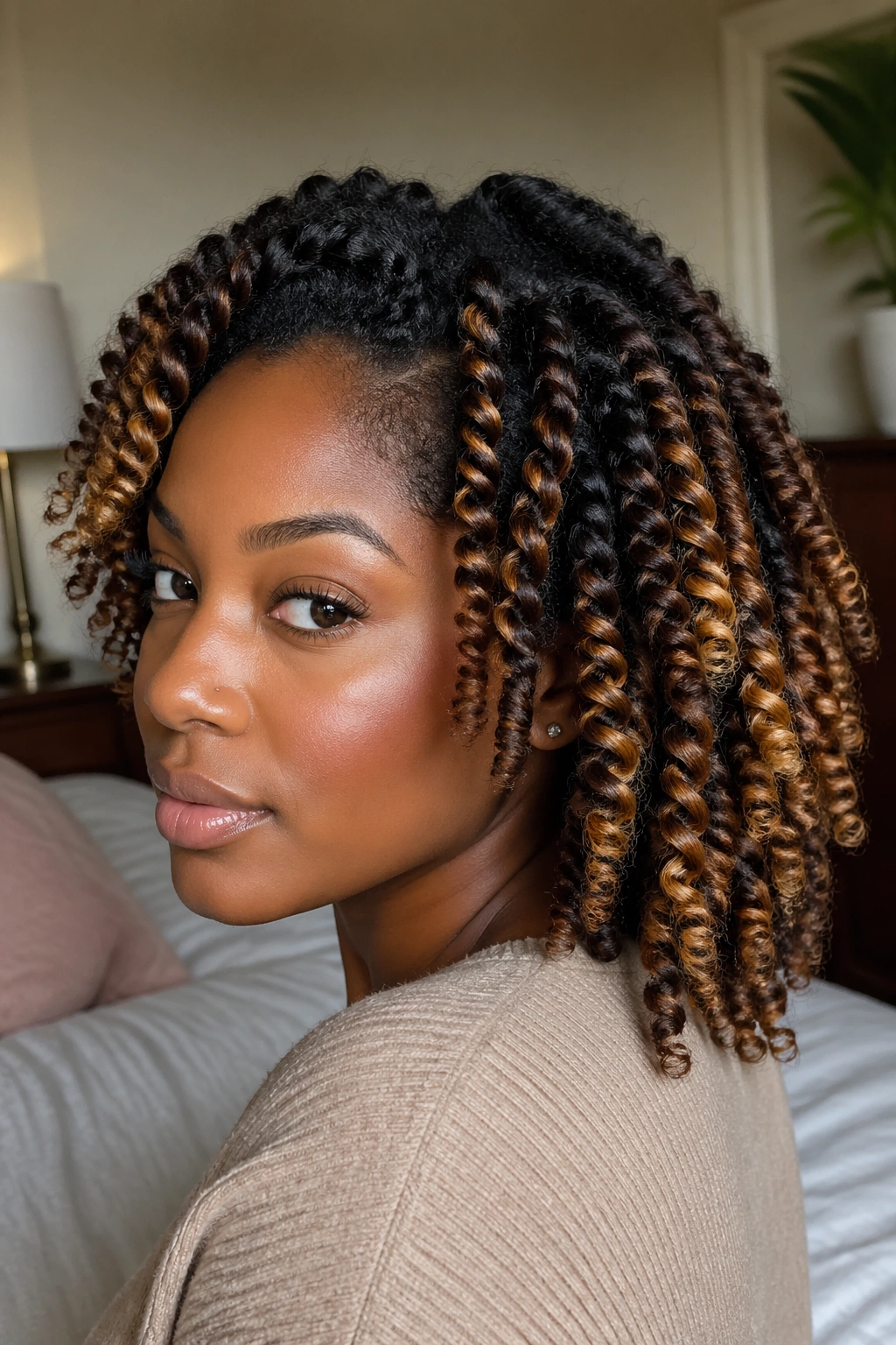 Portrait of a woman with twist-out hairstyle showing highlighted twists