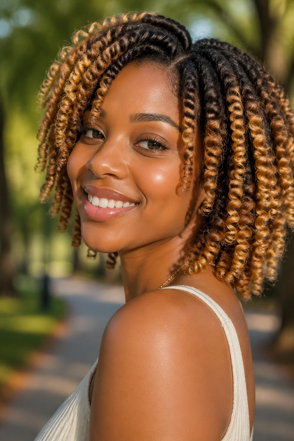 Real woman with honey-blonde twist-out curls in golden hour outdoors
