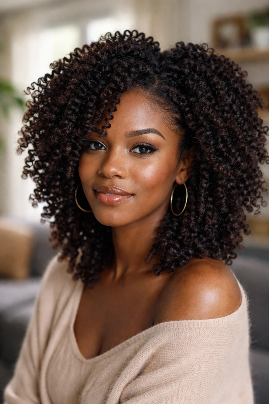 Close-up portrait of a real person showing a twist-out from kinky twists with textured curls