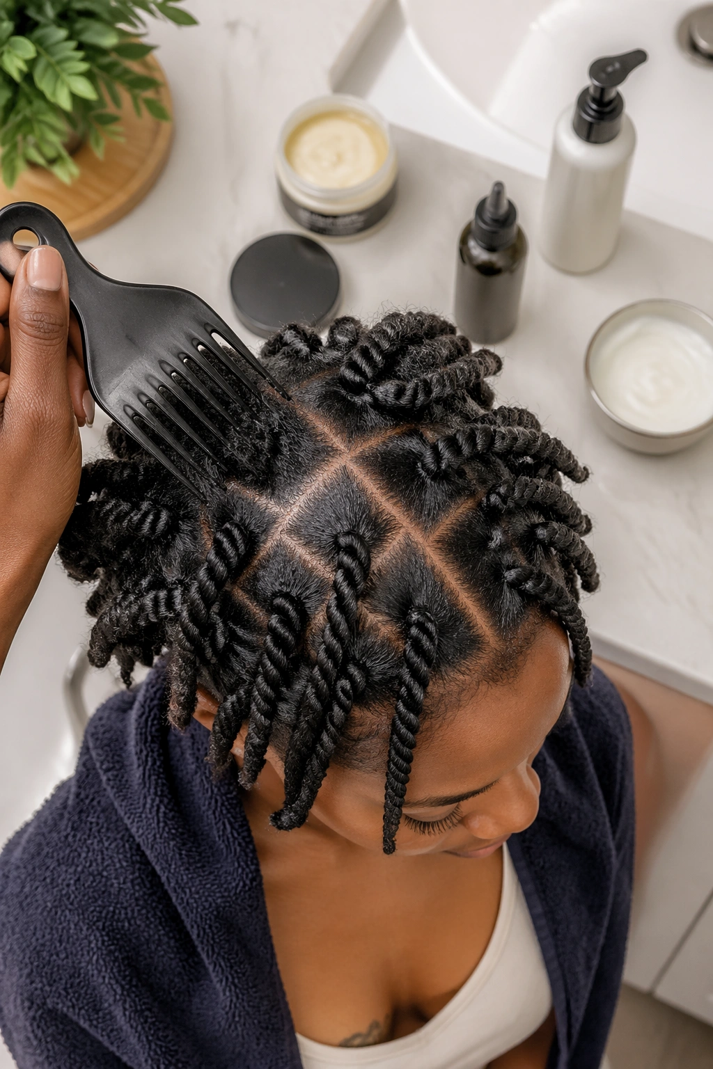 Overhead flat-lay of twist-out setup with twisted sections and a root pick.