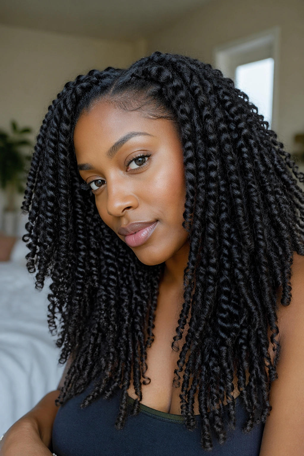 Close-up of a real woman with a long twist-out showing stretched roots and ropey ends in natural light
