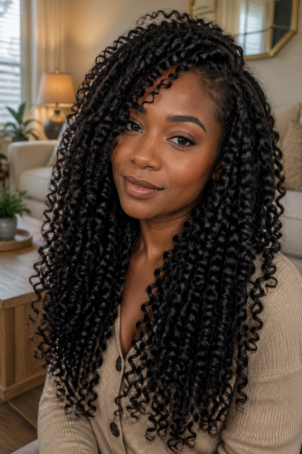 Close-up of a real woman with a twist-out on longer natural hair showing defined waves