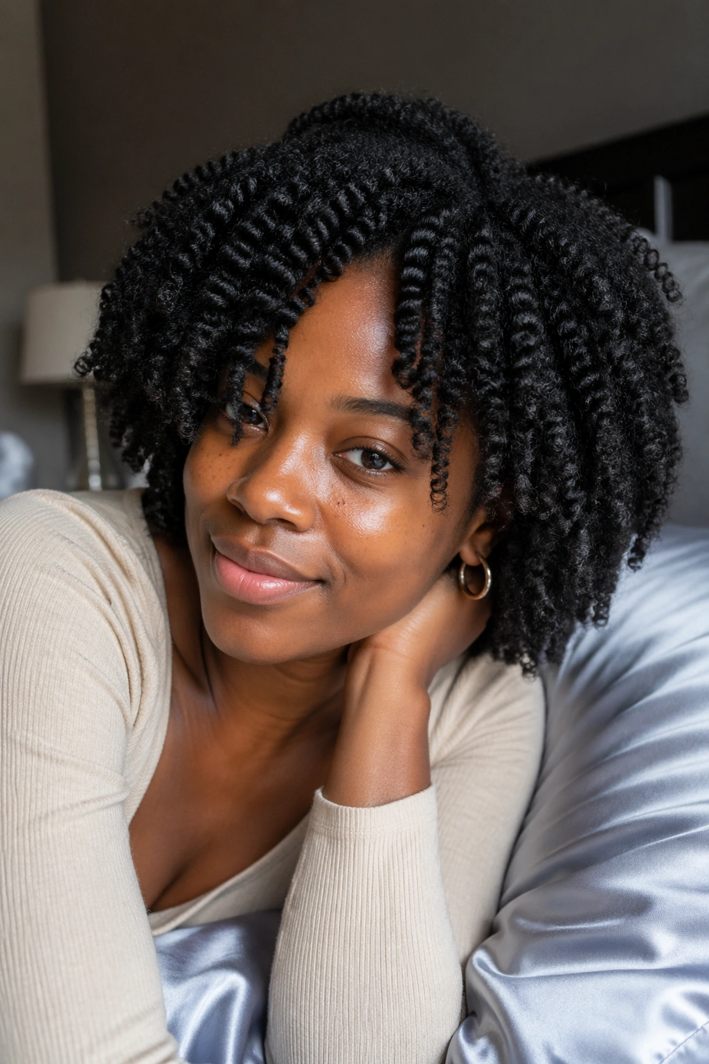 Close-up of a real woman with a defined twist-out in a softly lit bedroom, satin pillowcase visible