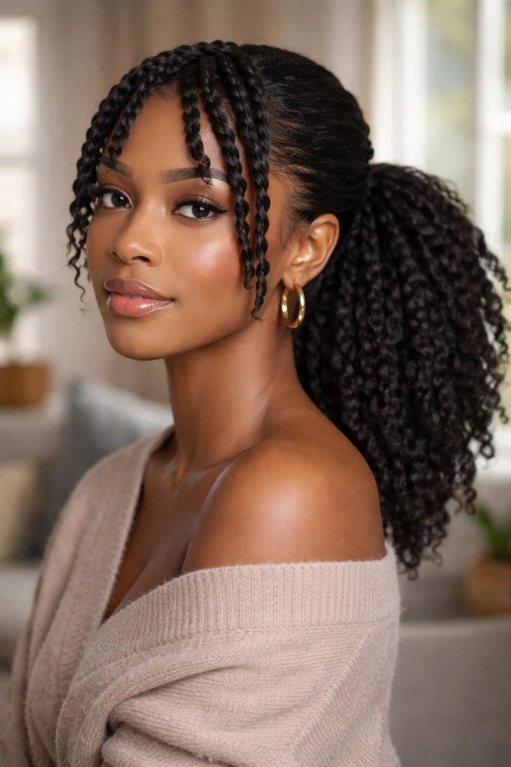 Portrait of a real woman with twist-out low ponytail and two-strand twist bangs in a sunlit living room