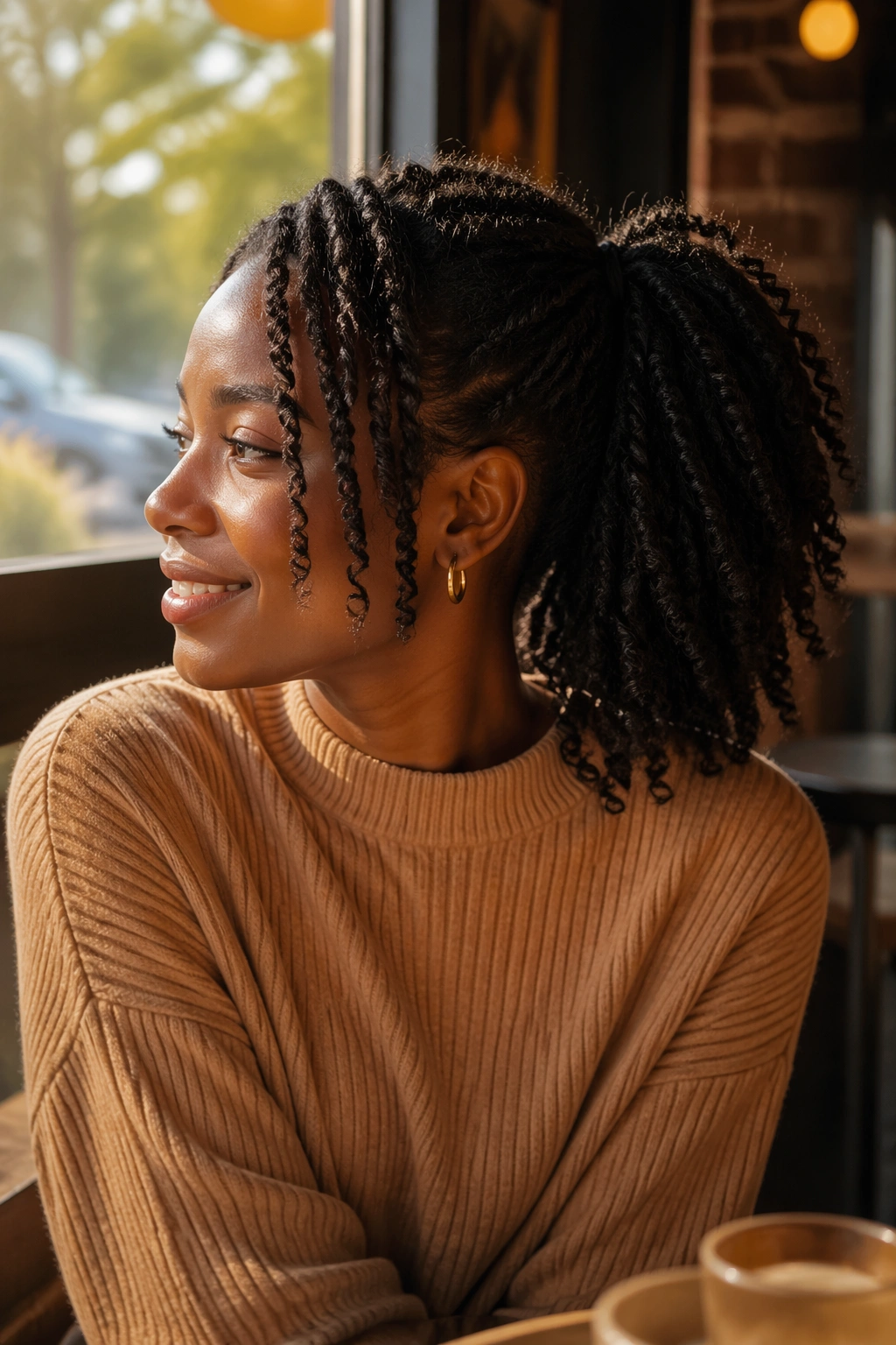 Side-profile twist-out mid ponytail in cafe lighting.