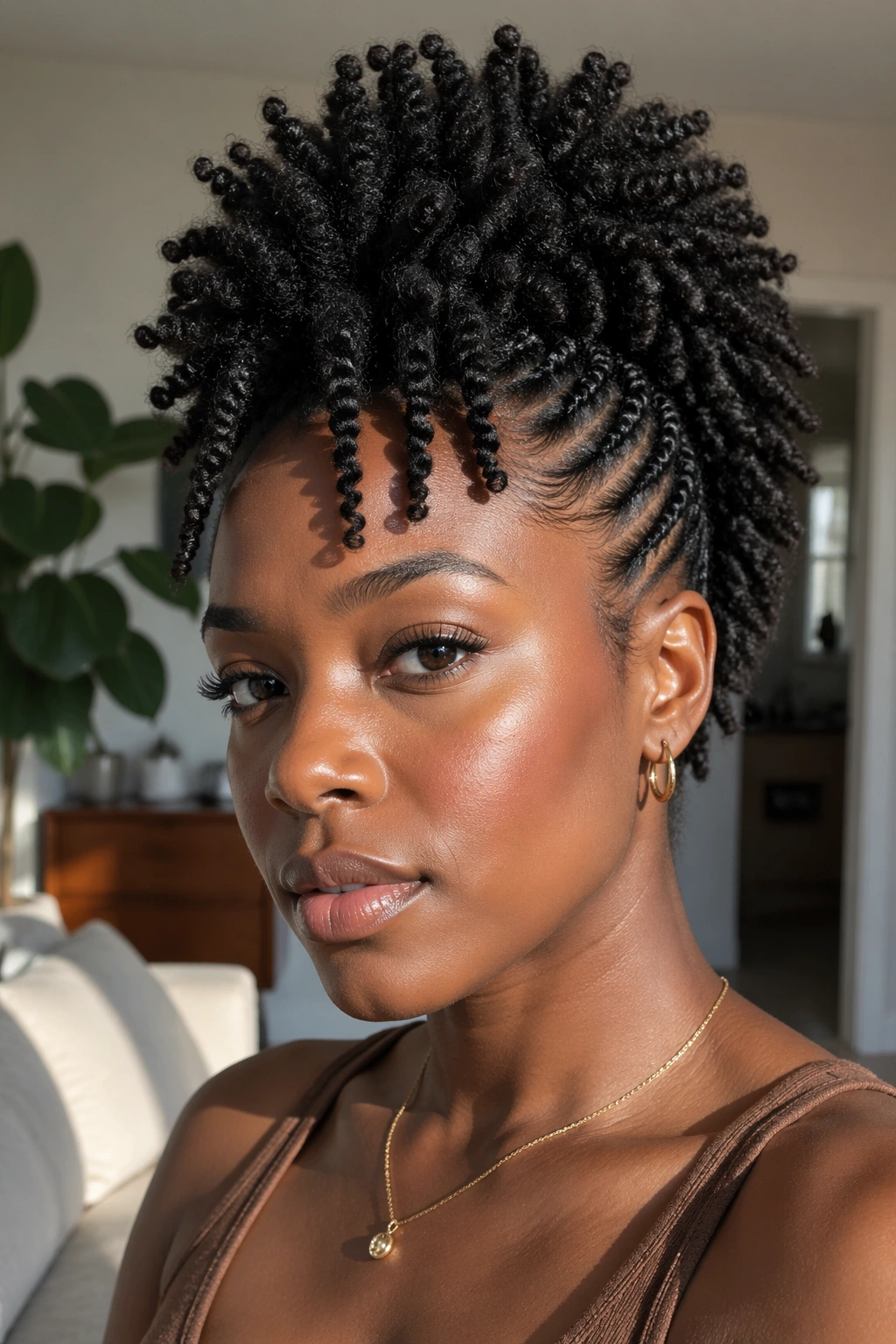 Close-up of a person with twist-out mohawk and textured curls