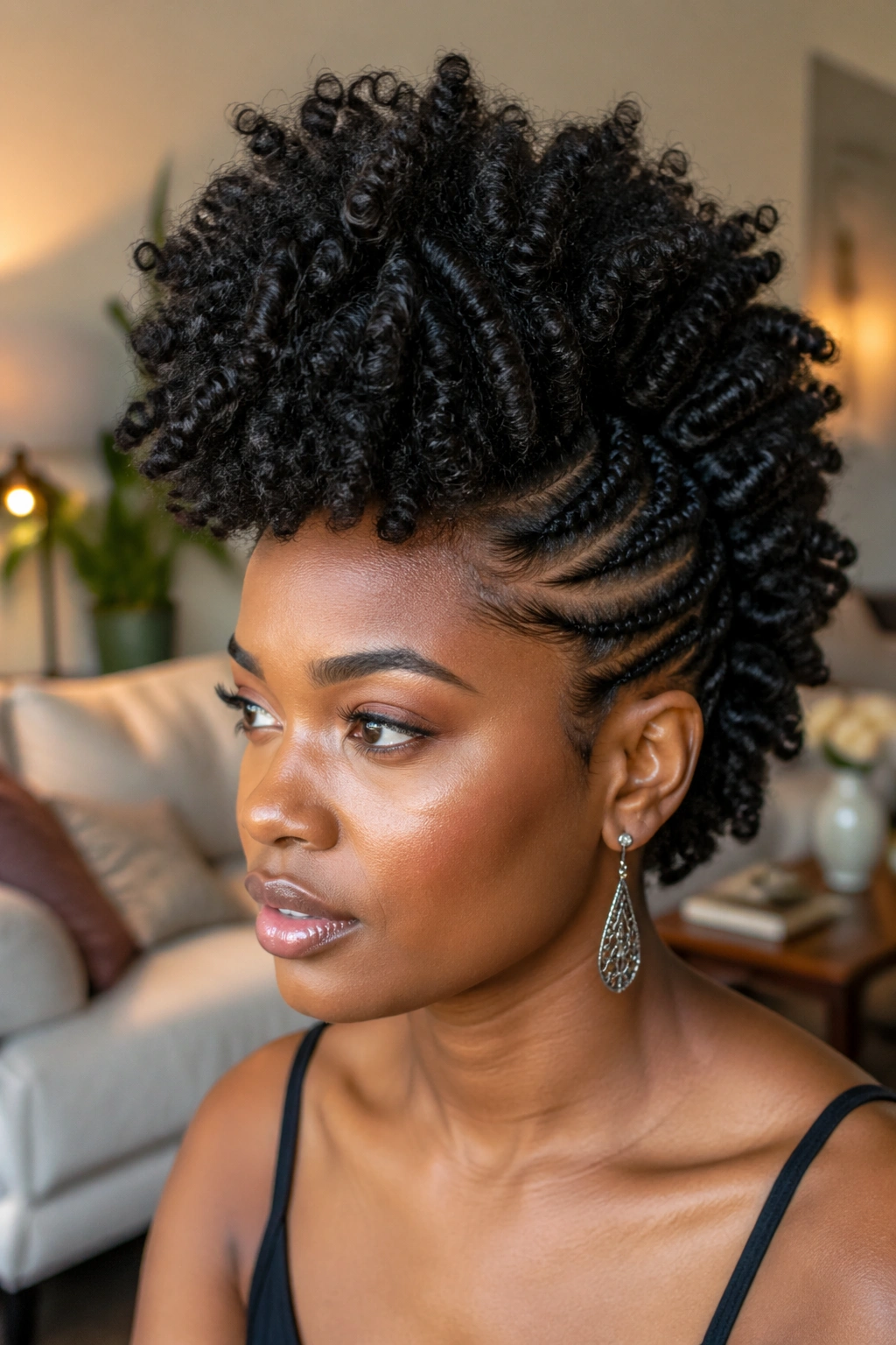Close-up of a real person with twist-out mohawk and volume on top.